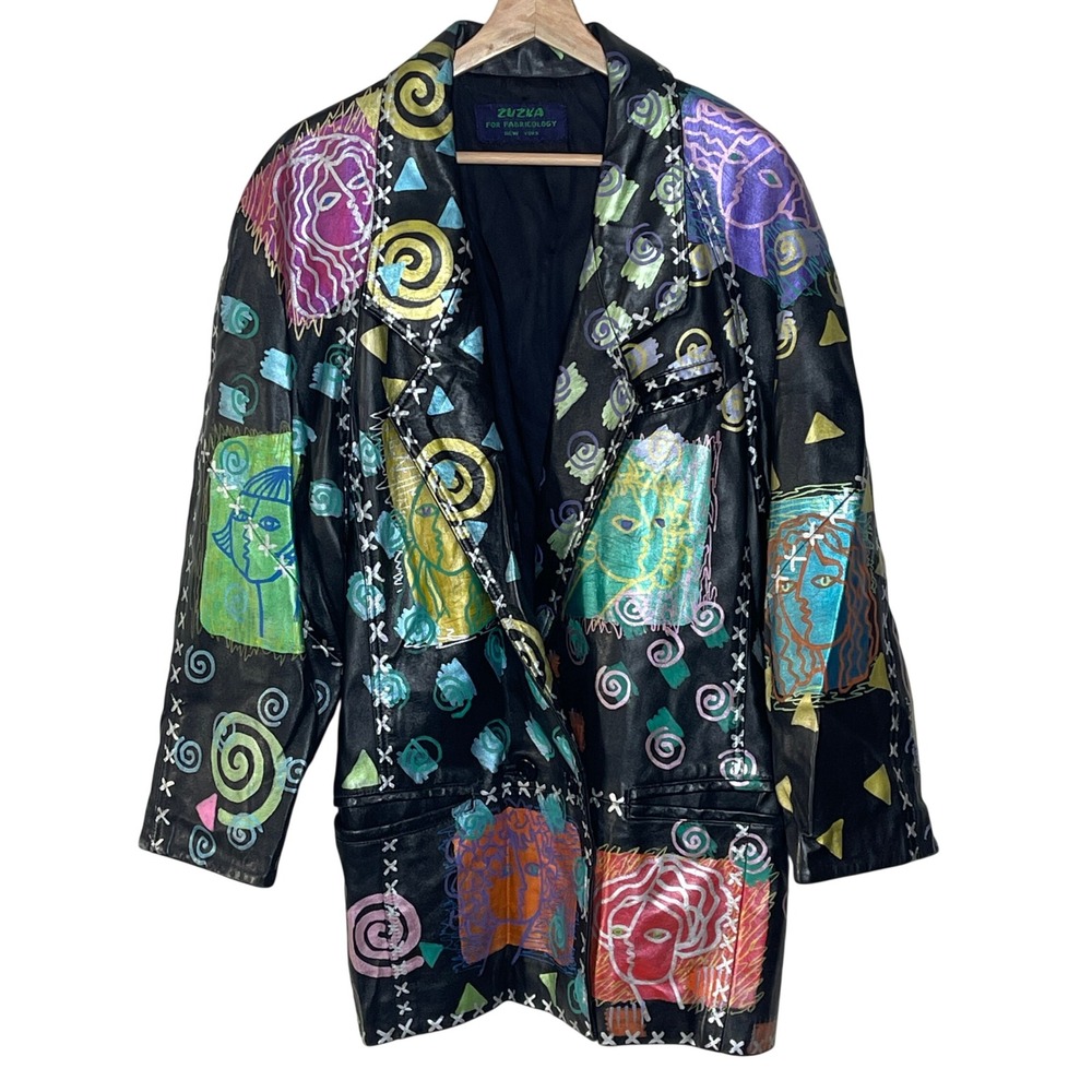 Vintage Zuzka Fabricology NY Leather Jacket Abstract Faces Graffiti Art To‎ Wear